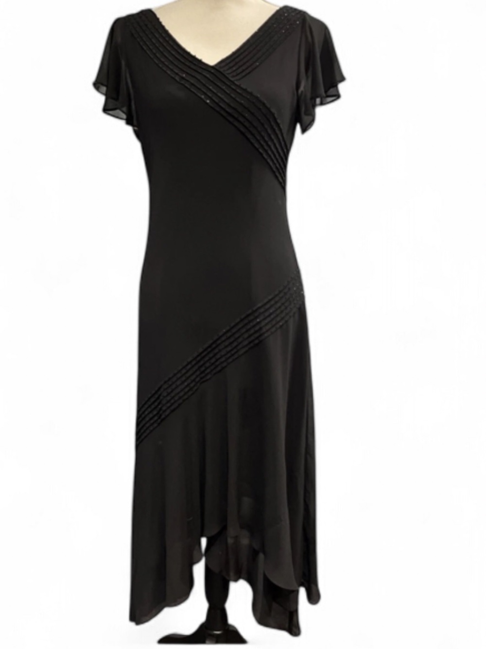 Adriana Papell Elegant Black Asymmetrical V-Neck Dress with Flutter Sleeves